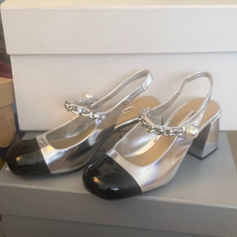 Miu Miu Silver and Black Chain Heels Pearl Accent